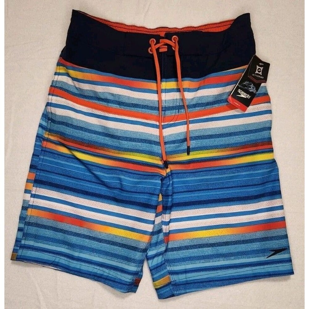 SPEEDO Mens Small UV 50+ Board Shorts Swim Trunks Blue Pockets Lined Stripe New